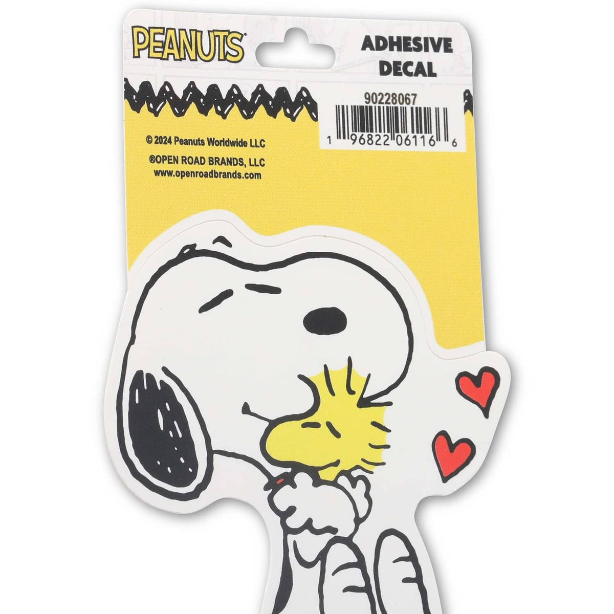 Peanuts Snoopy hugging Woodstock adhesive decal, white and yellow with red hearts