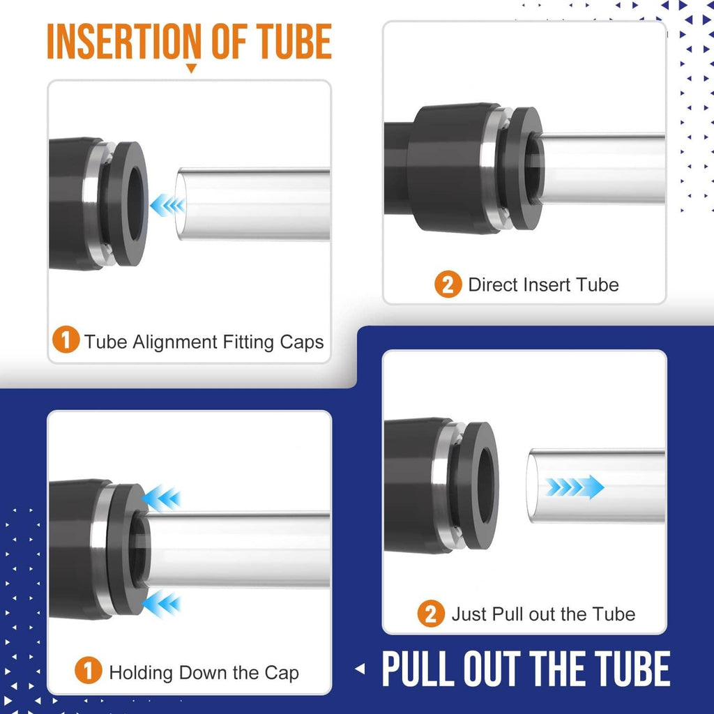 Black push-to-connect fitting showing tube insertion and pull-out process