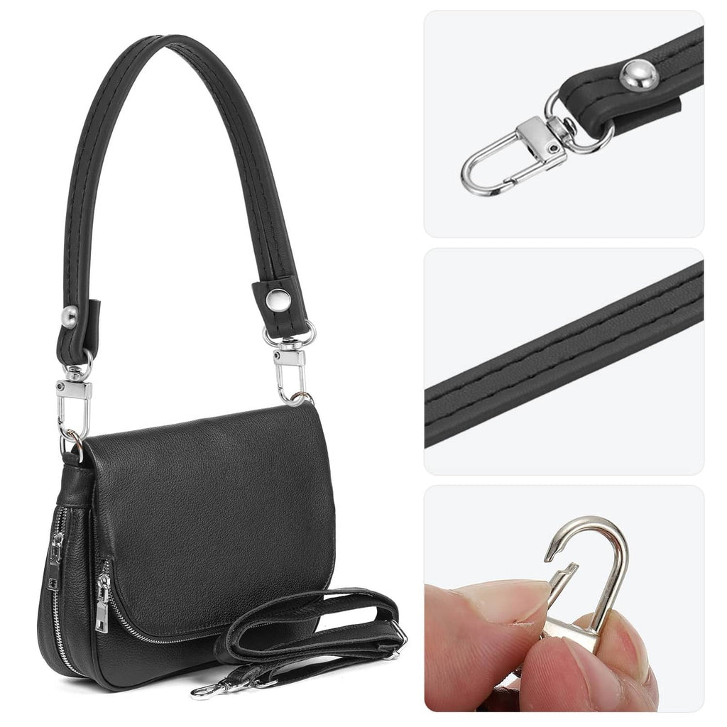 Black leather purse handle strap with swivel clasps and round snap button