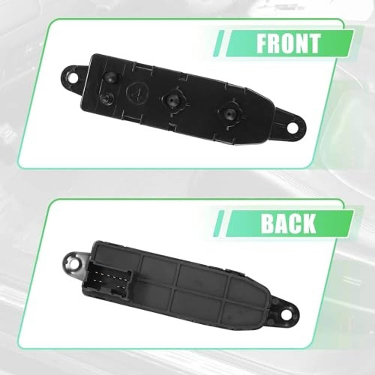 Black power seat switch module housing with mounting holes and control knobs