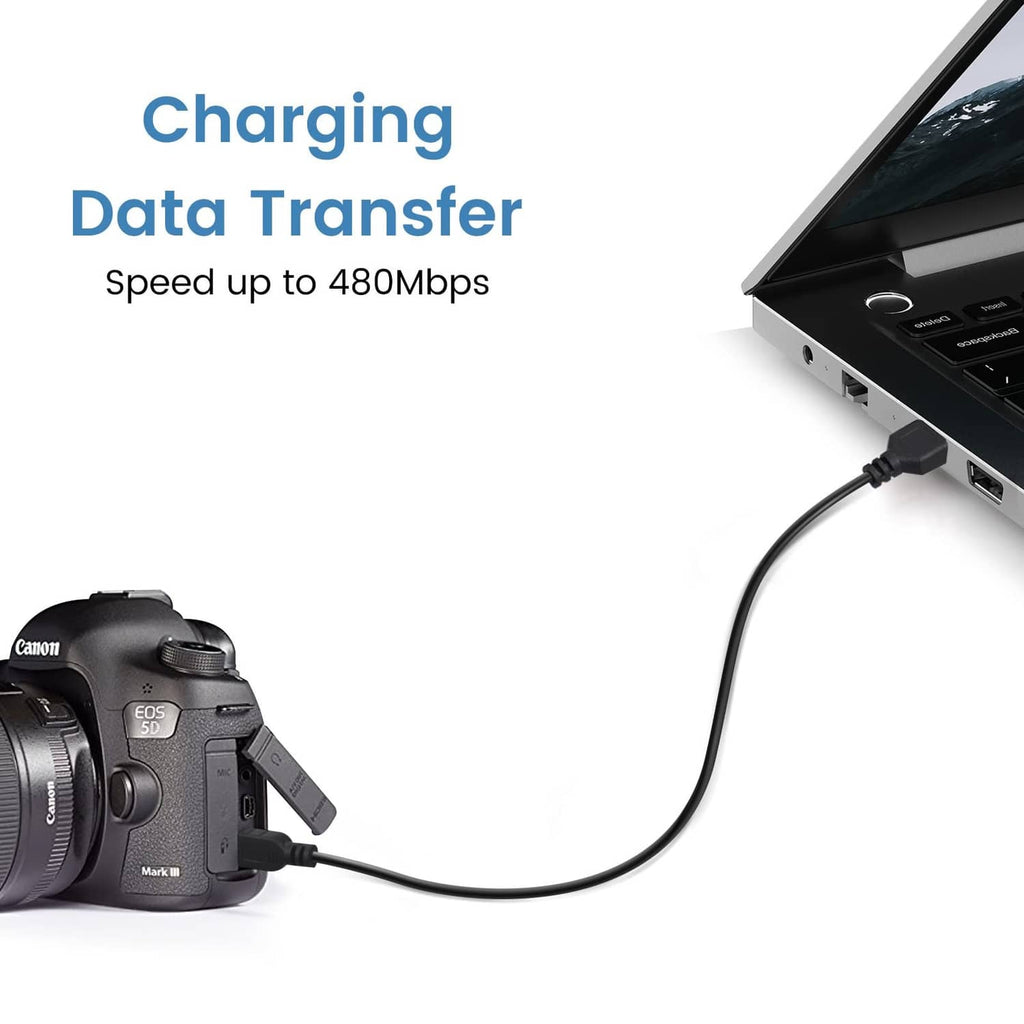 Black mini USB cable plugged into a camera and charging port