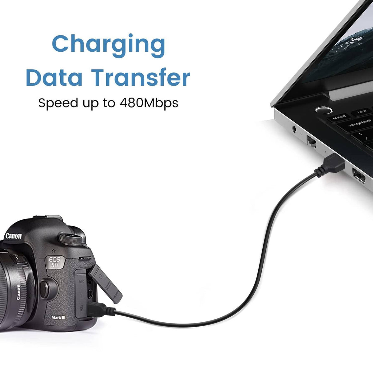 Black mini USB cable plugged into a camera and charging port