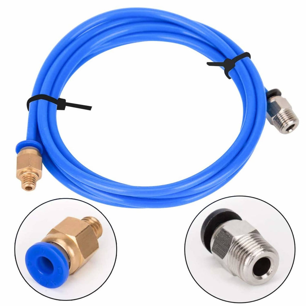 Blue PTFE Bowden tube with brass PC4-M6 and stainless PC4-M10 threaded fittings