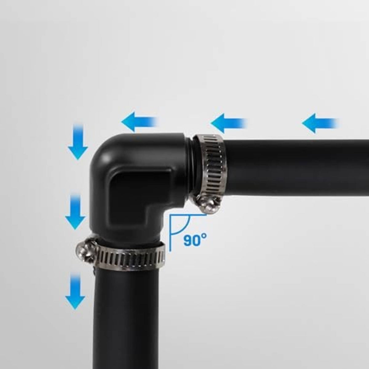 Black 90-degree elbow male fitting with visible hose clamp area and external threads