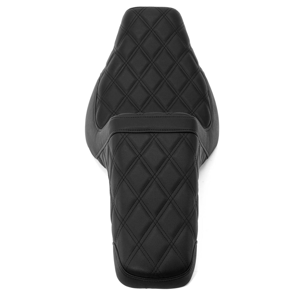 Black motorcycle driver and passenger seat, diamond-quilted backrest and stitched seams