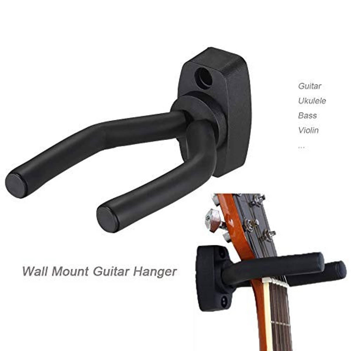 Black wall-mount double guitar hanger with two curved padded supports