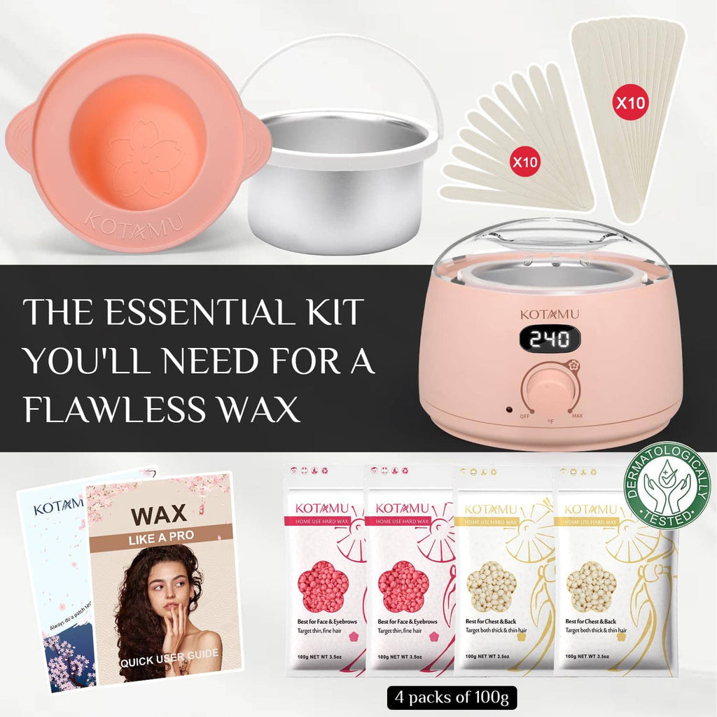 Pink hard wax essential kit with warmer, silicone bowl, spatulas, and wax packs