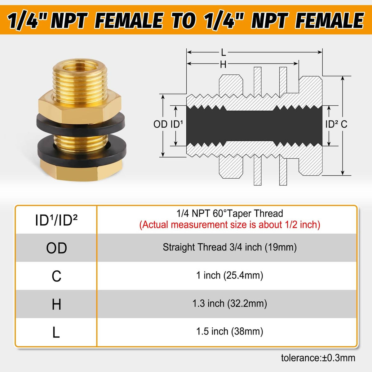 Brass bulkhead adapter diagram; 1/4 NPT taper female threads, with gasket rings