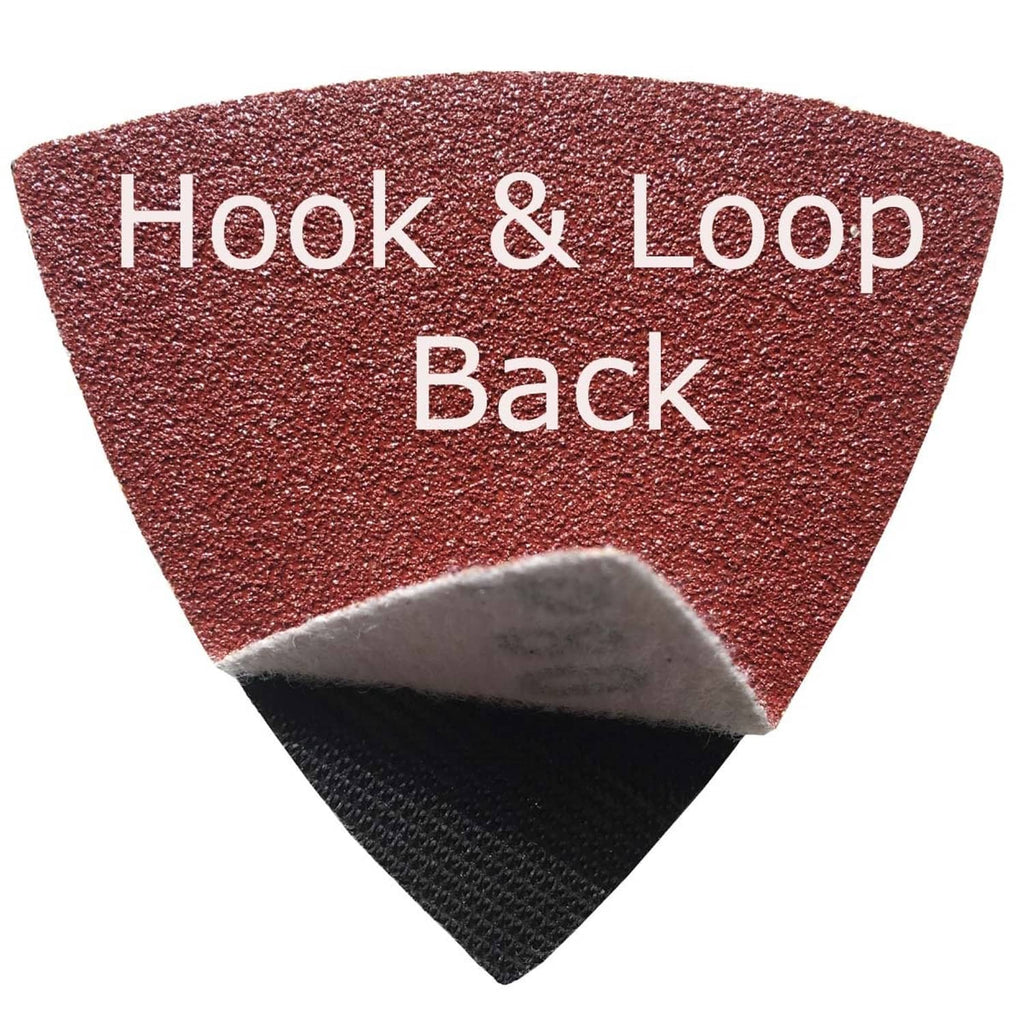 Triangular sanding pad with hook-and-loop back, reddish top and black underside