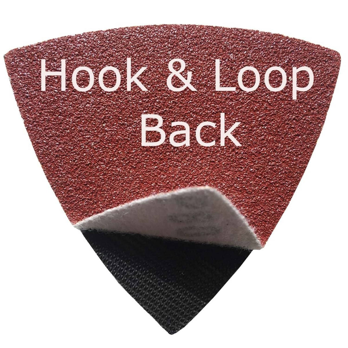 Triangular sanding pad with hook-and-loop back, reddish top and black underside