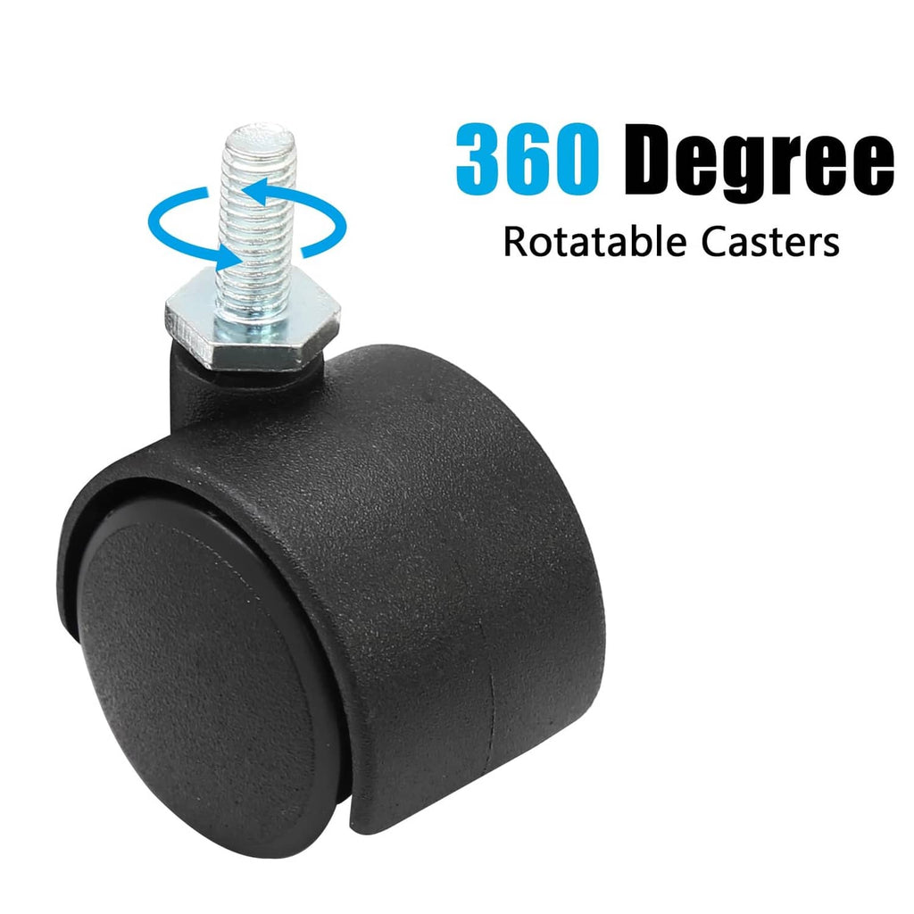 Black swivel caster wheel with M6 threaded stem, 360-degree rotation