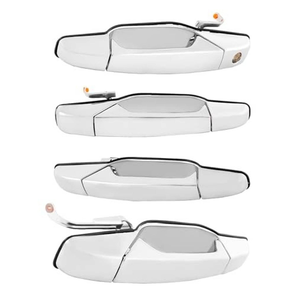 Silver chrome exterior door handle set with lever, shown from multiple angles
