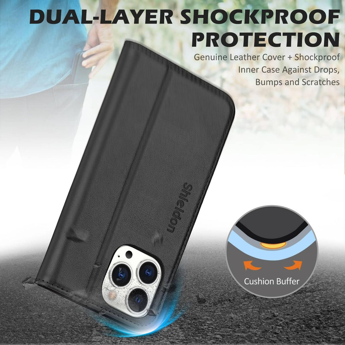 Black leather phone wallet case side view with protective edge and textured finish