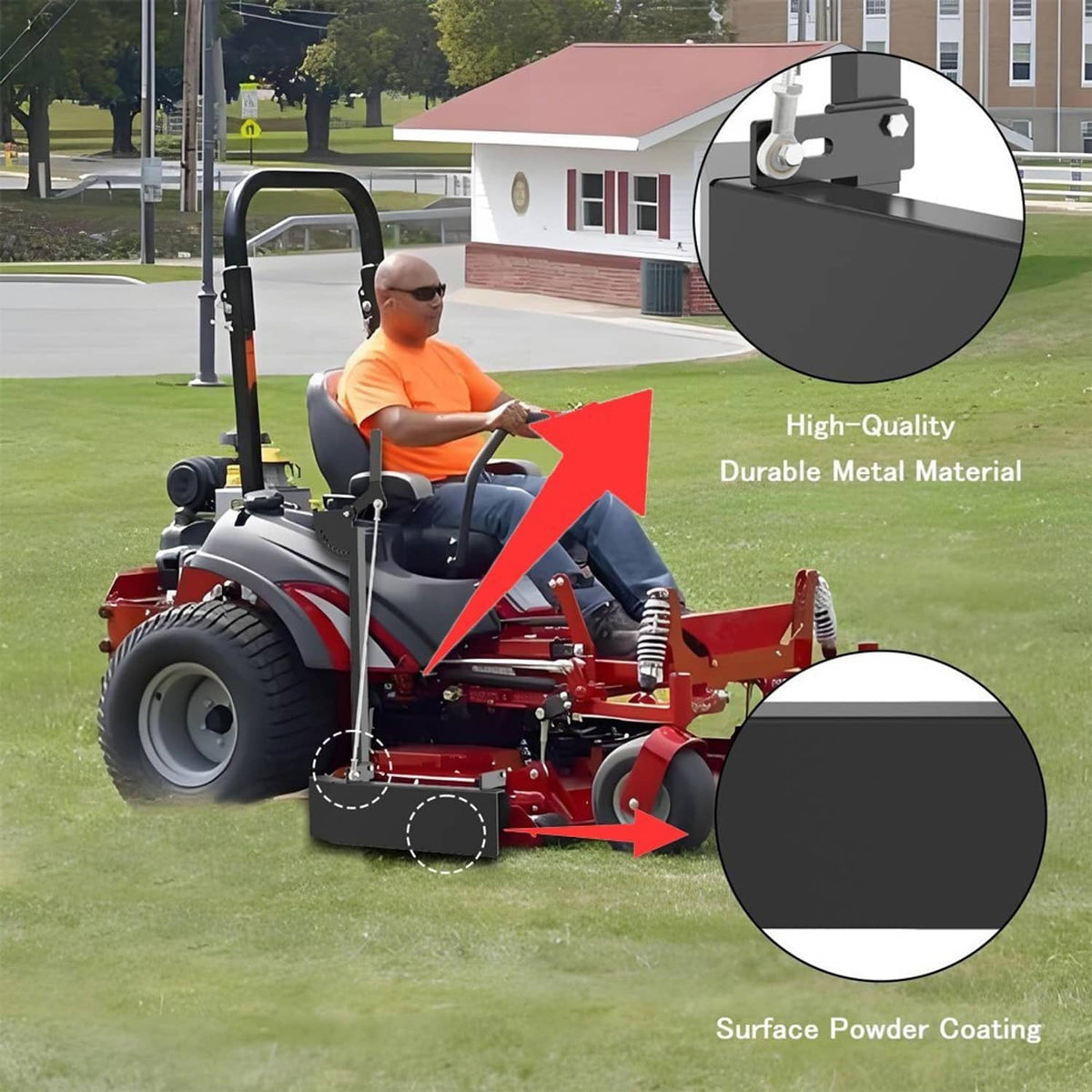 Black chute blocker on mower, showing durable metal discharge shield surface coating