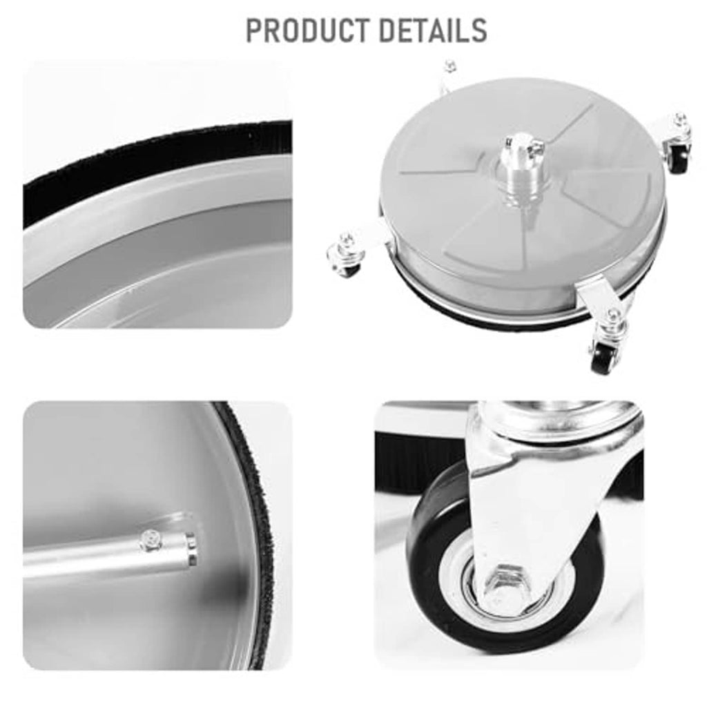 Stainless steel pressure surface cleaner with caster wheels and black skirt seal
