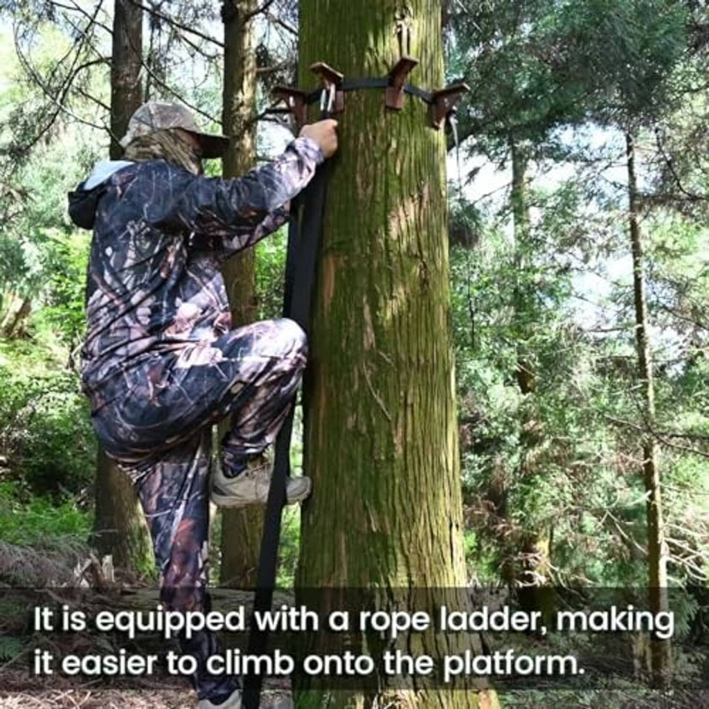 Brown treestand platform with screw-in step brackets, fastened with blue strap