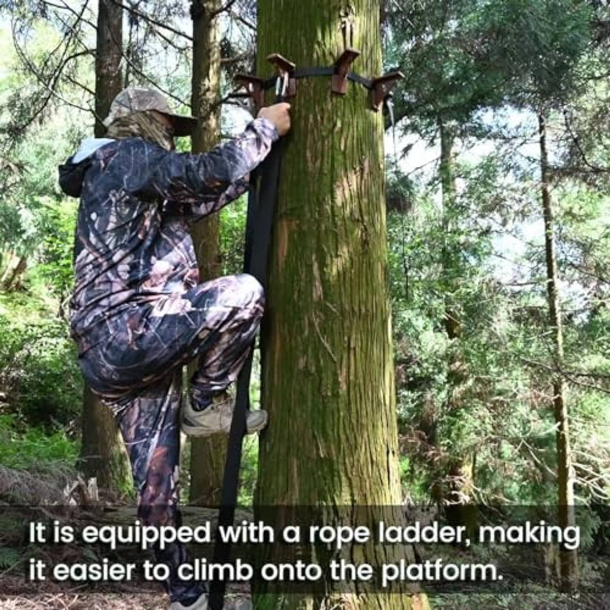 Brown treestand platform with screw-in step brackets, fastened with blue strap