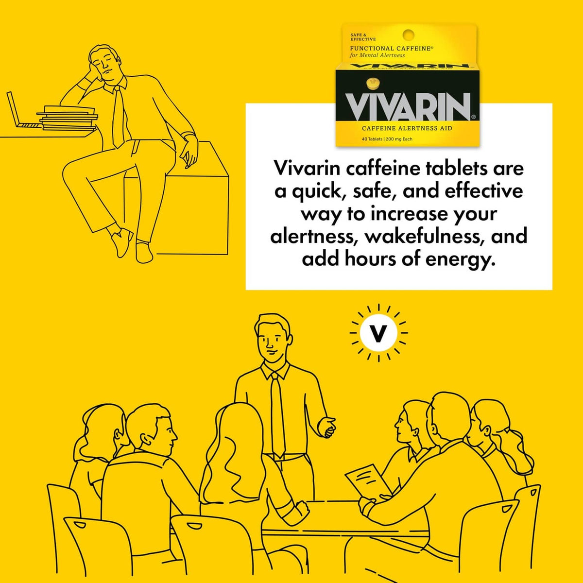 Vivarin caffeine alertness aid box with text panel about quick, safe support