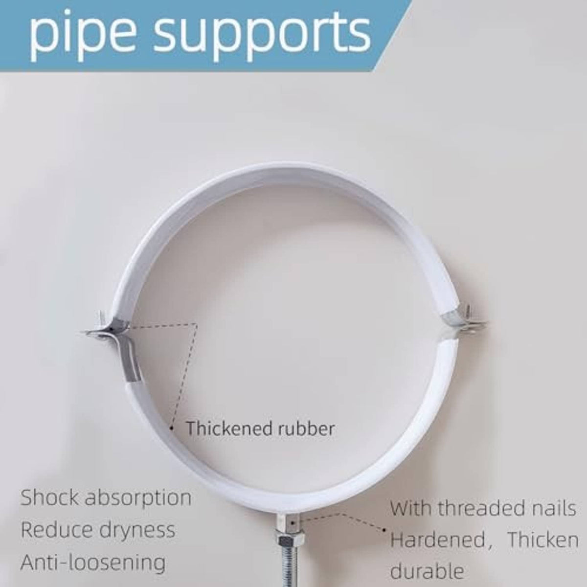 Pipe support bracket with thick rubber-lined ring and threaded galvanized rod with base