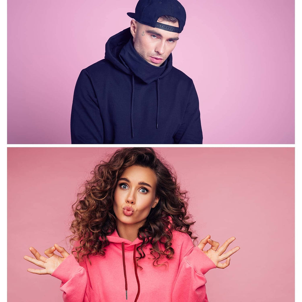 Hoodie drawstrings on navy and pink tops with hanging cord ends
