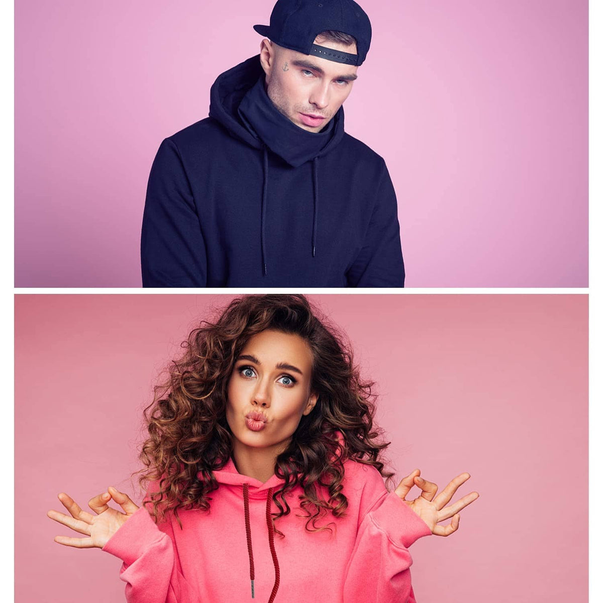 Hoodie drawstrings on navy and pink tops with hanging cord ends