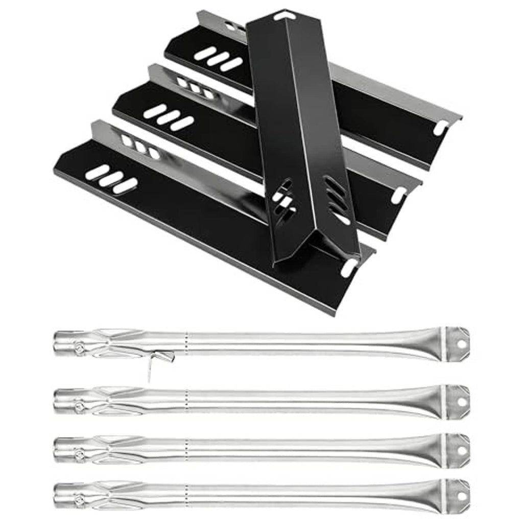 Set of black heat plate shields with matching stainless burner tubes and end supports
