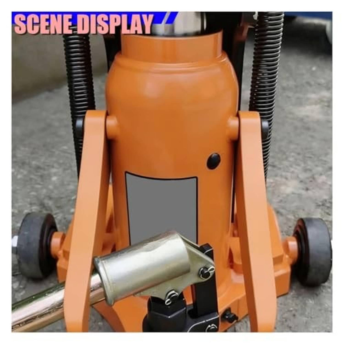 Orange bottle jack with silver cylinder and black support arms