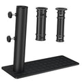 Black metal RV tire flag pole holder with diamond-plate base and side clamps