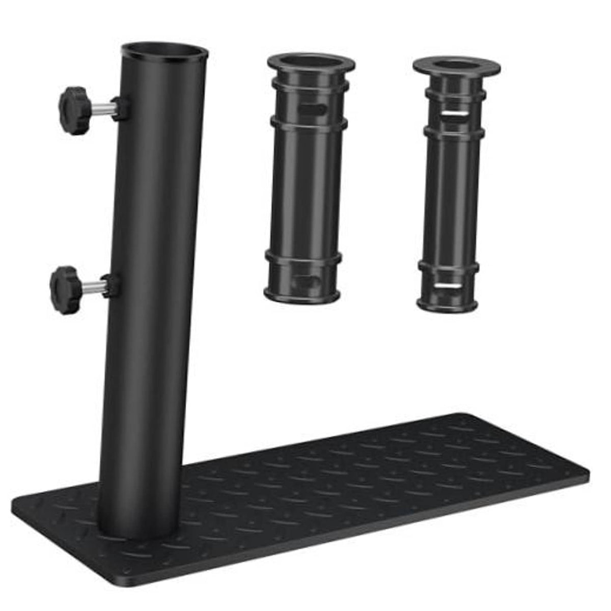Black metal RV tire flag pole holder with diamond-plate base and side clamps