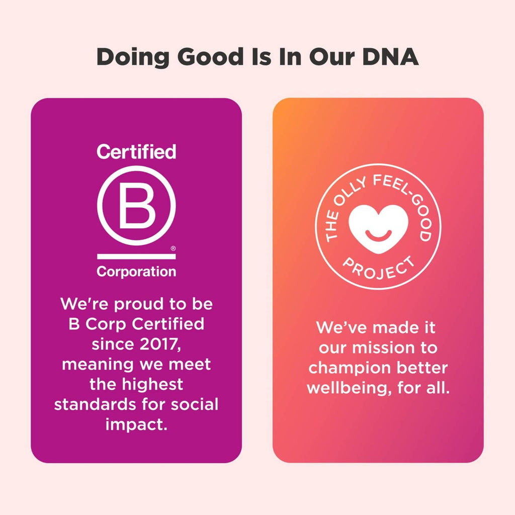 Packaging benefits badges: B Corp certified and The Very Good Food Project.