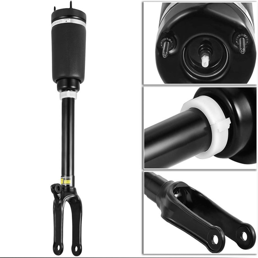 Front air suspension shock strut with black body and fork-style lower mounts