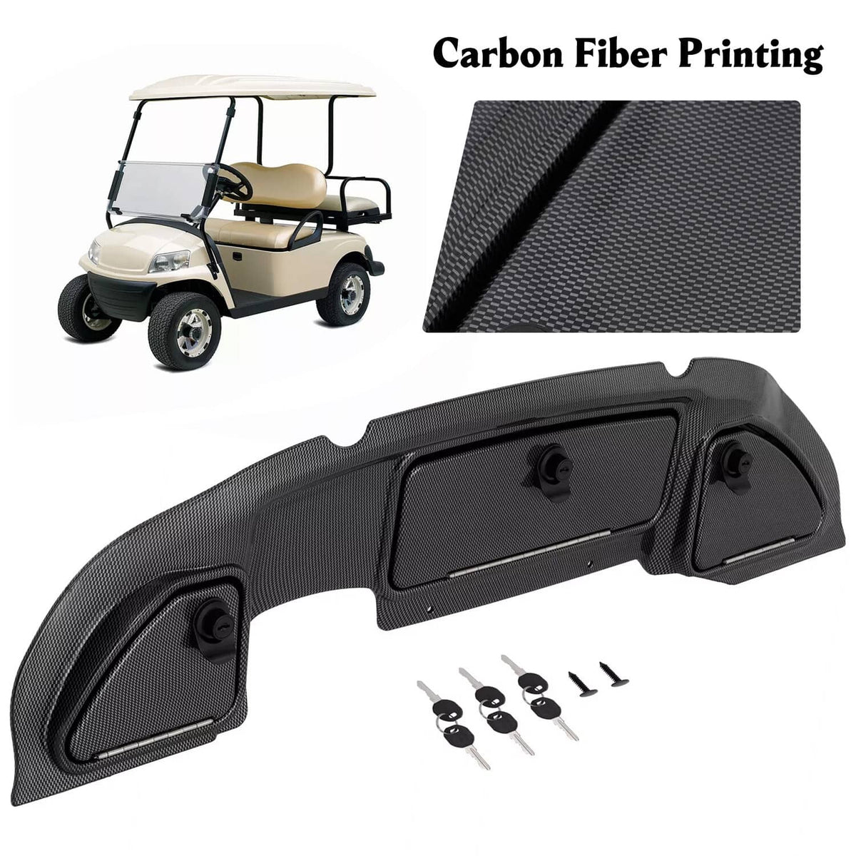 Golf cart dash kit with carbon fiber finish and mounting hardware, includes lock pieces