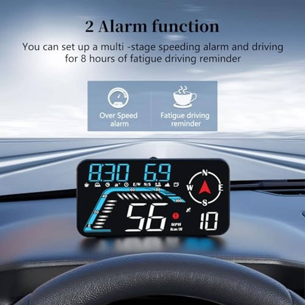 Car head-up display with black screen, blue speed digits and alarm-style indicators