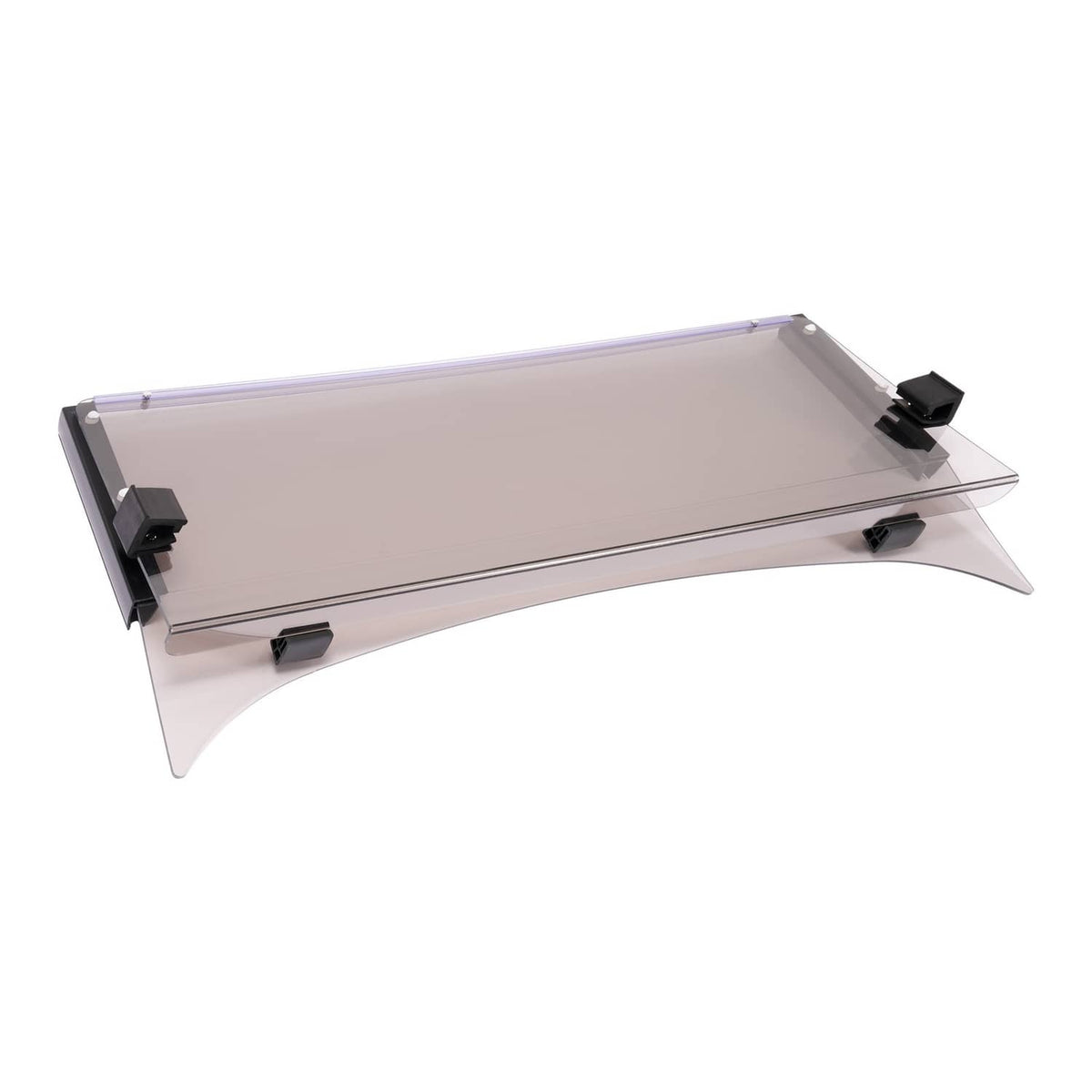 Tinted fold-down golf cart windshield with four black corner clamps and clear panel