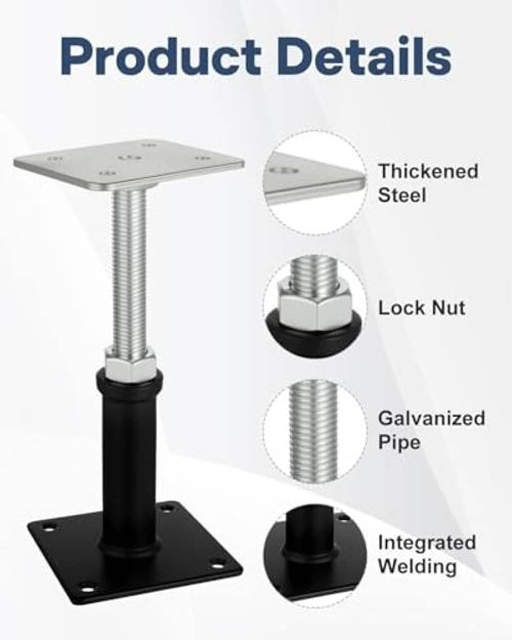 Adjustable screw floor jack with thick steel top plate, lock nut, and galvanized screw