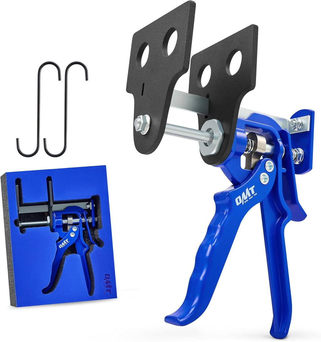 Brake caliper compressor tool with blue lever handle, black mounting plates, silver rod, and accessories