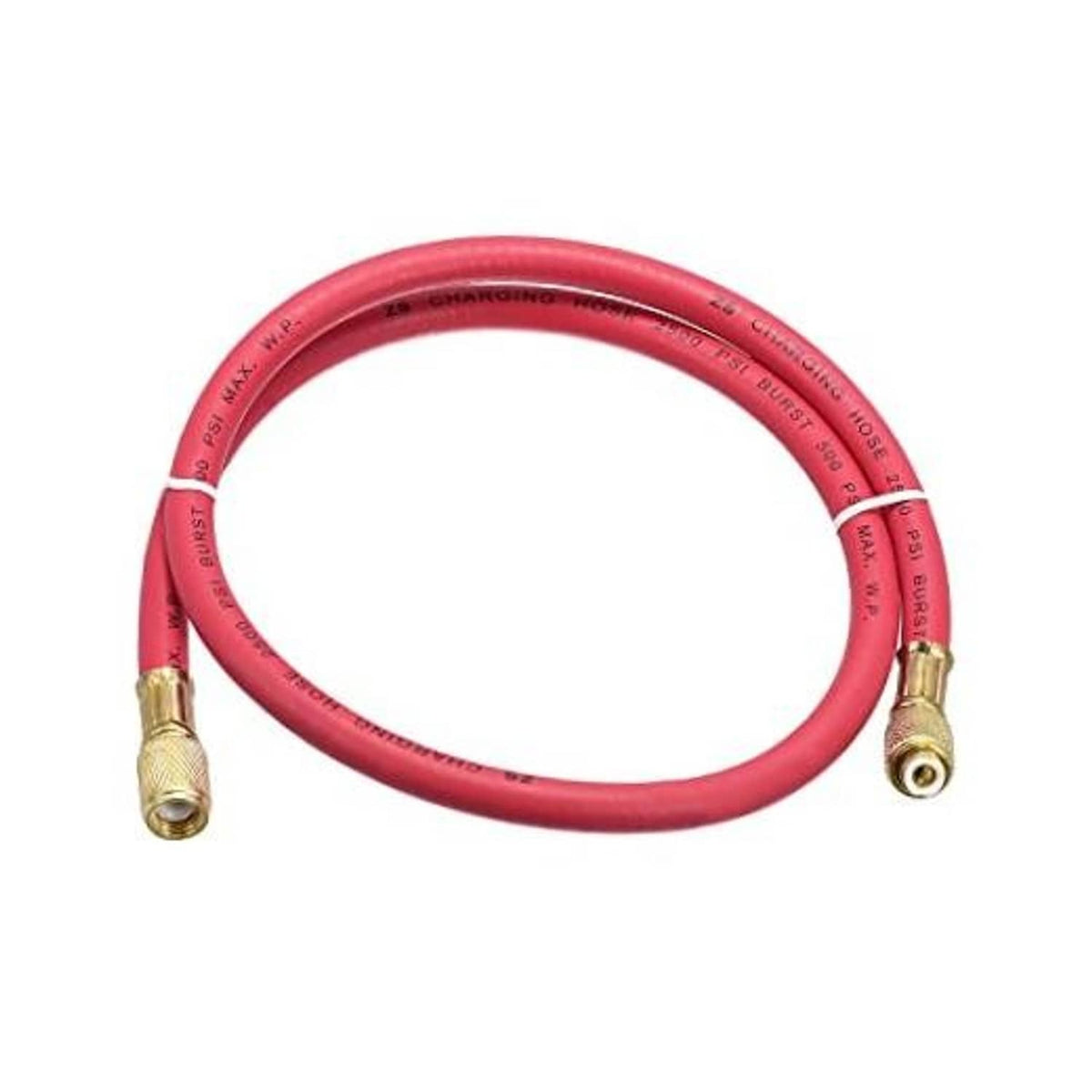 Red refrigerant charging hose with two brass flare fittings, looped for display