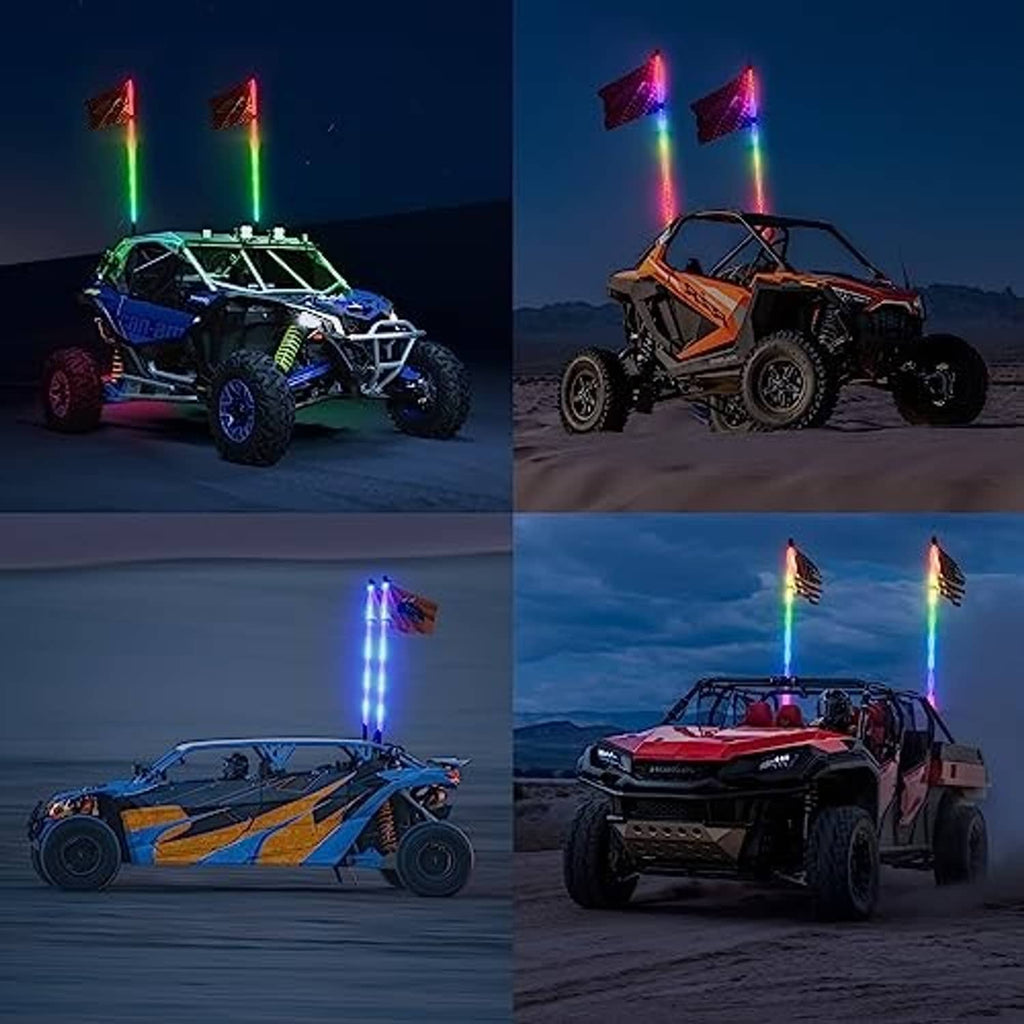 RGB LED whip lights on a UTV, multi-color glow in red, blue, green, and purple