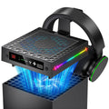 Black auto cooling fan with LED temperature display, RGB light bar, and handle