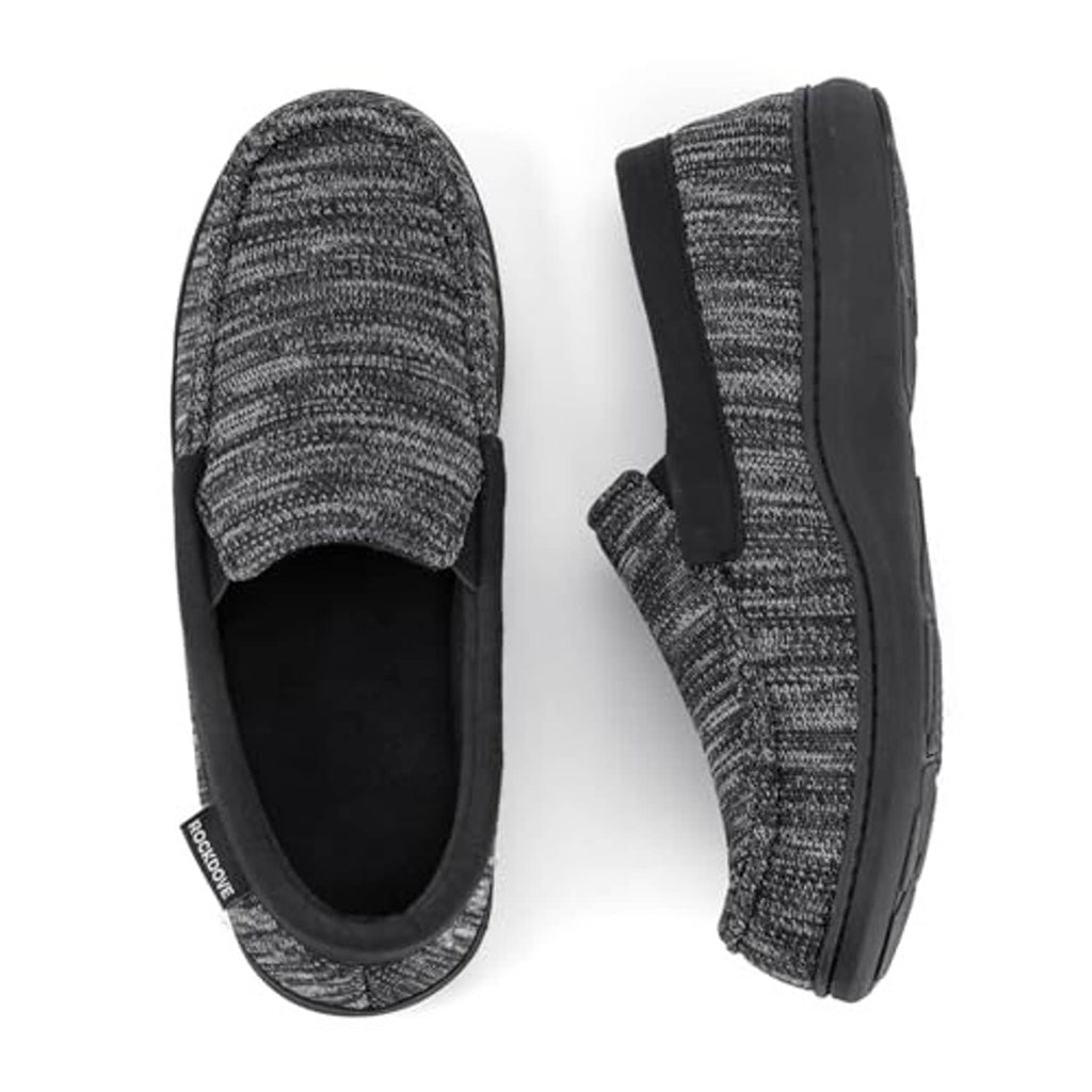 Pair of men's tweed moc slippers, charcoal-black knit upper and cushioned sole