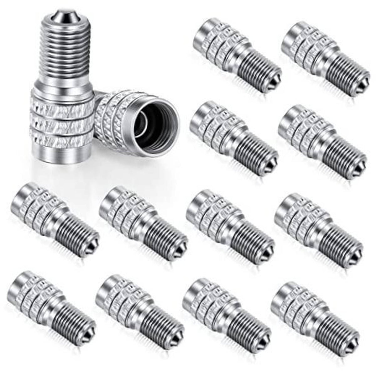 Tire valve stem caps set with double valve insert, shiny chrome finish, 16-pack