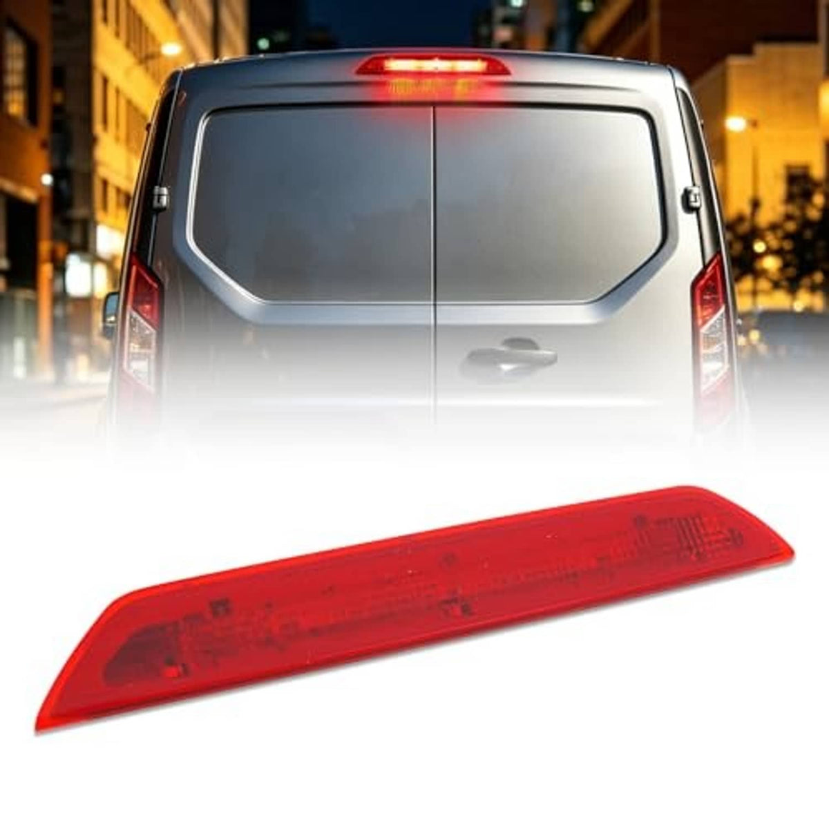 Red third brake light lens with internal markings, angled view