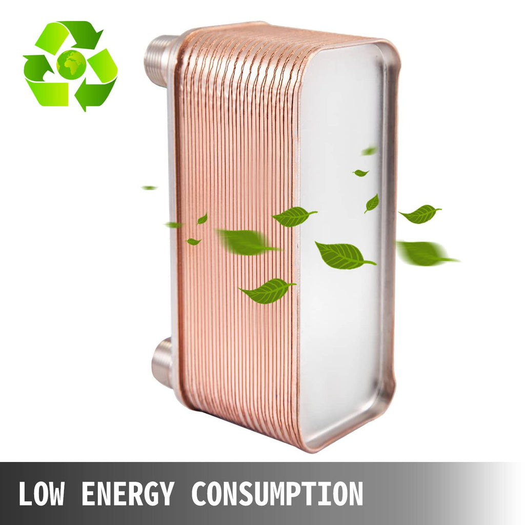 Brazed plate heat exchanger with copper-toned plates and threaded inlet/outlet ports
