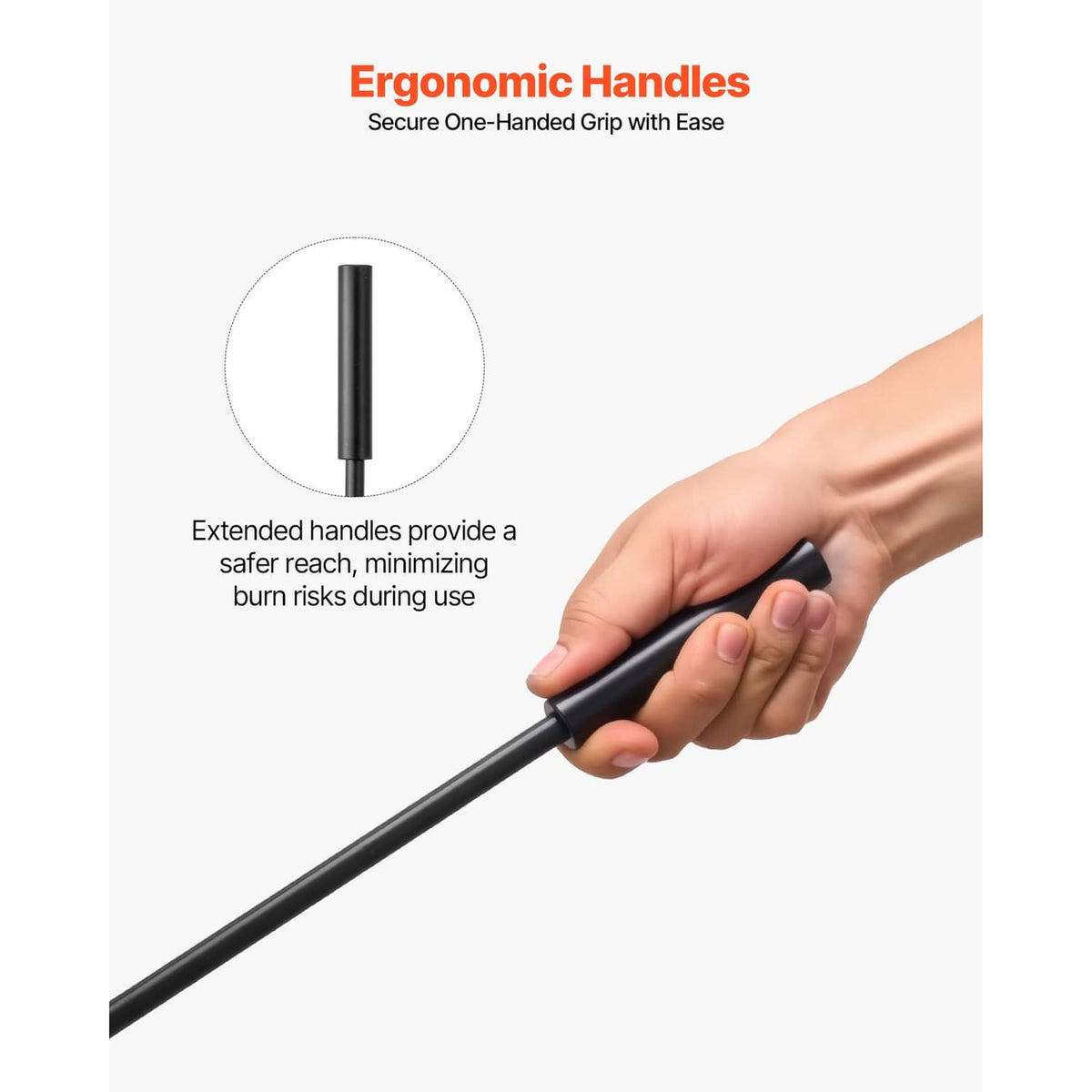 Black long handle tool from the fireplace set, shown with a secure grip