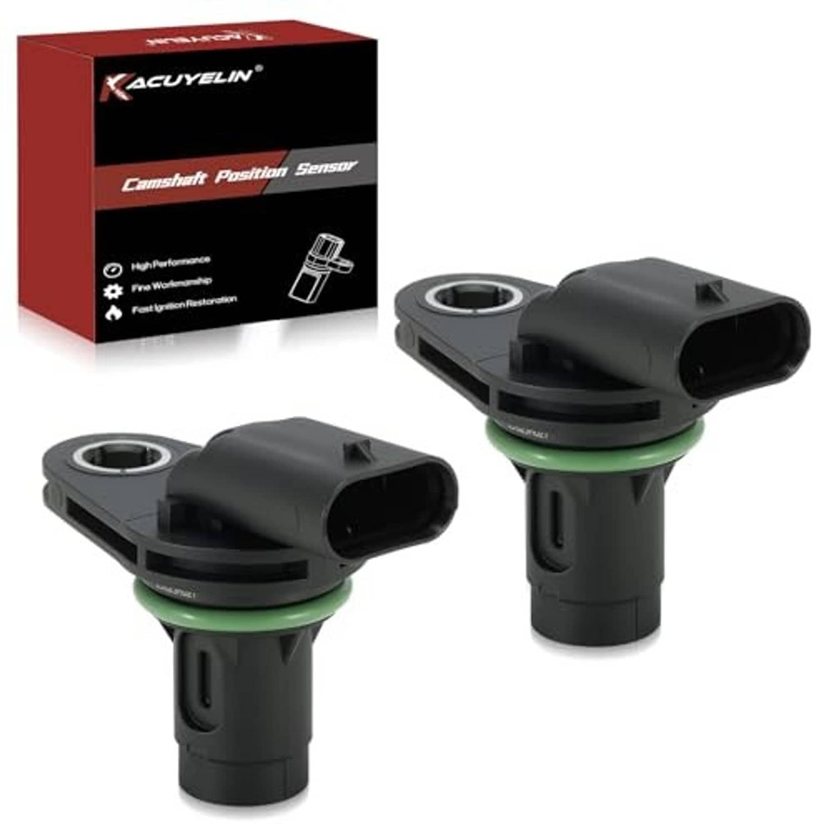 Set of 2 camshaft position sensors and product box, black housings with green O-ring
