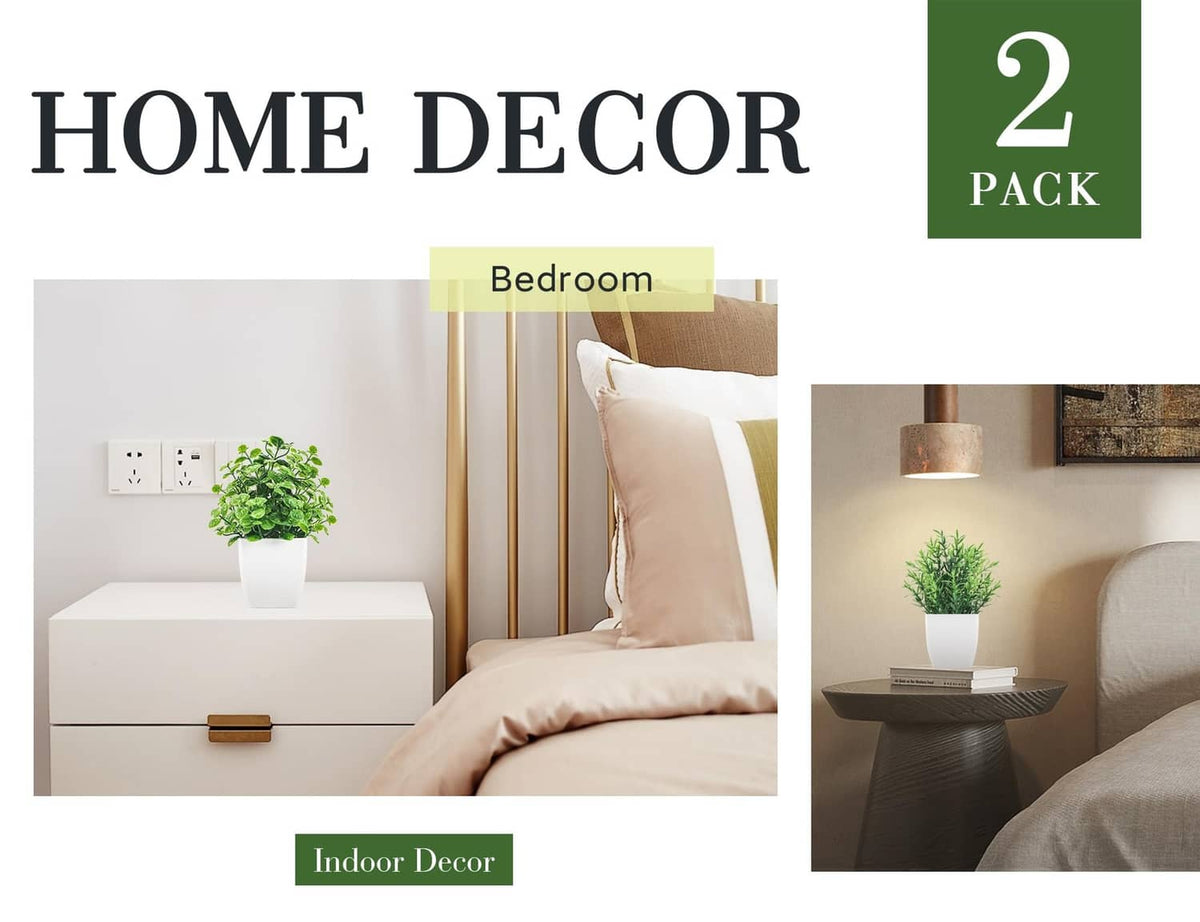 ZJIA 2-pack artificial plants: two small green plants in white pots for home use.