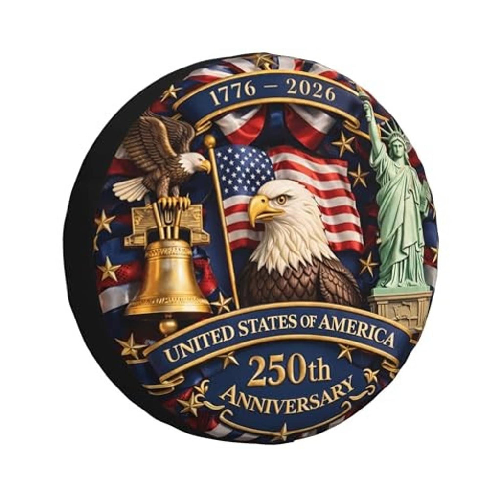 Circular 14-inch spare tire cover with eagle, flag, liberty statue and 250th anniversary text