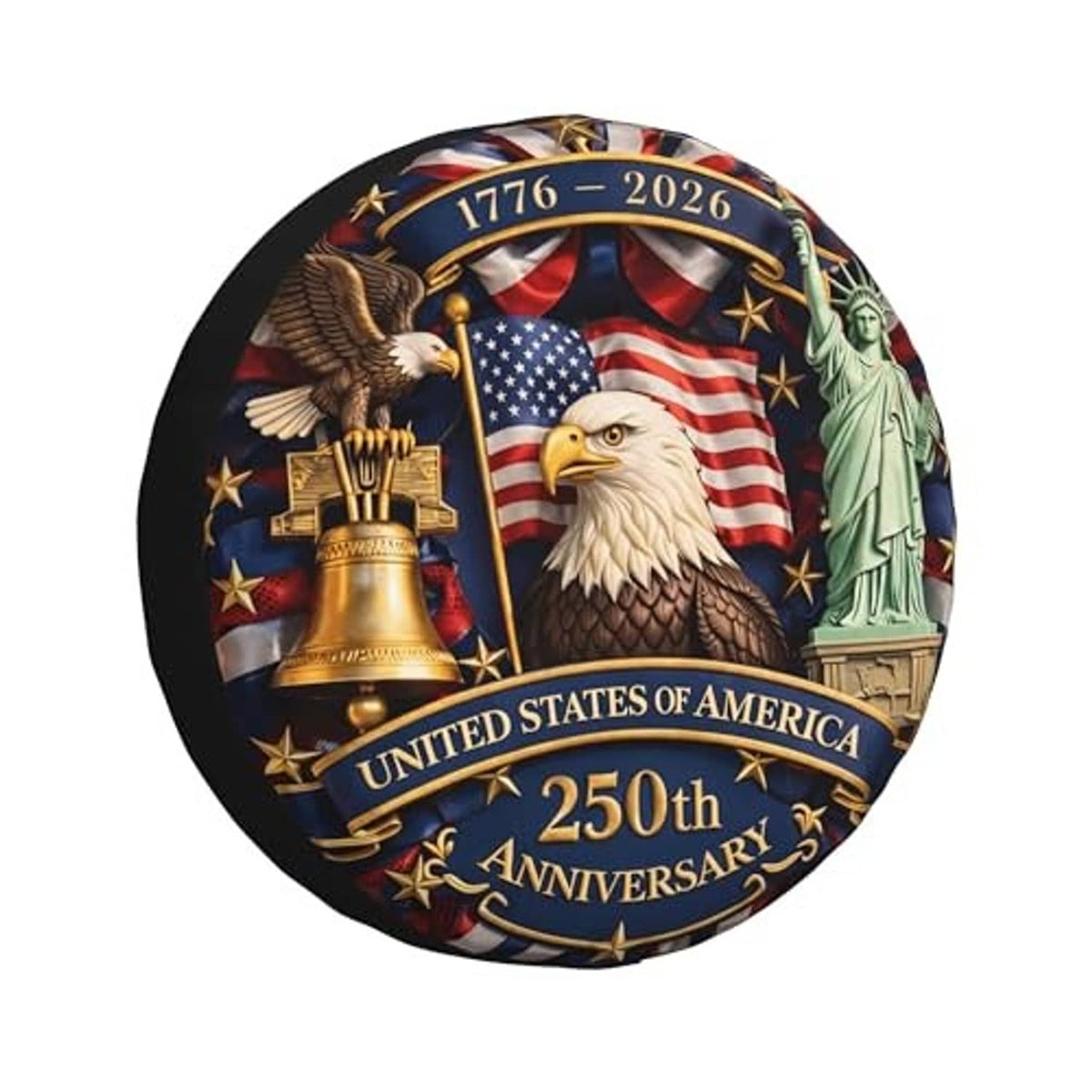 Circular 14-inch spare tire cover with eagle, flag, liberty statue and 250th anniversary text