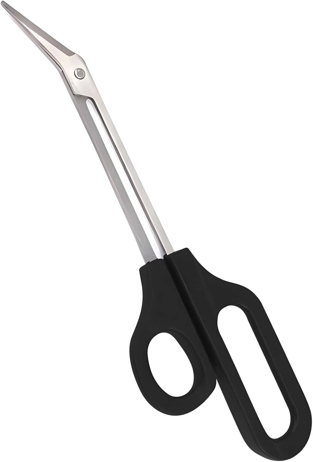 Long-handled toenail scissors with pointed stainless blades and black comfort handles