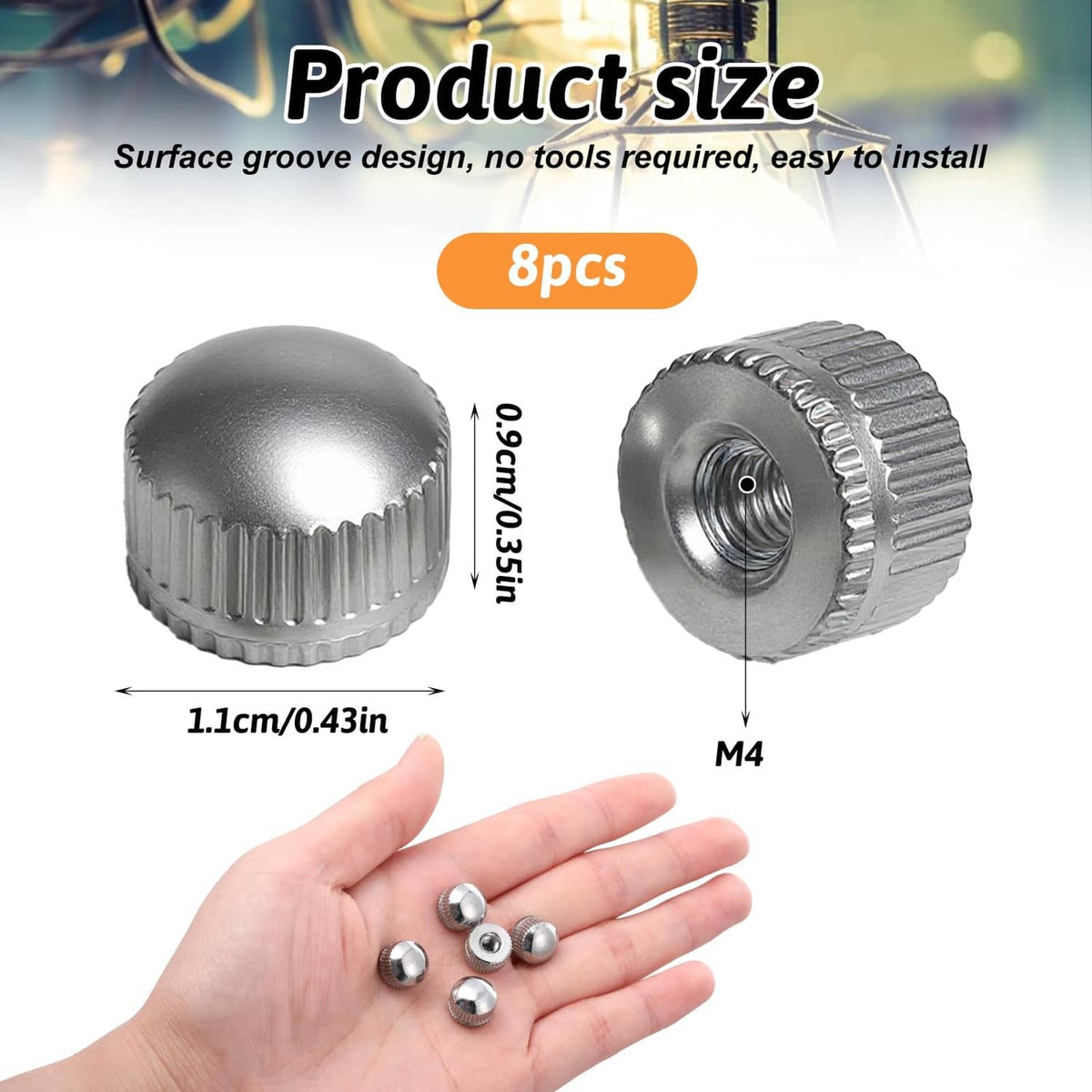 Silver screw light fixture caps with M4 threaded hole and ribbed edges, in hand
